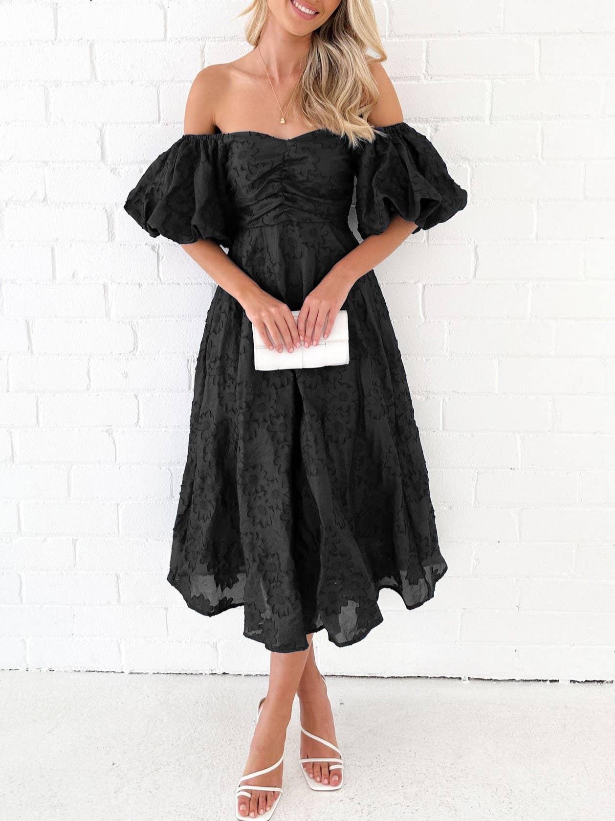 Off the shoulder puff sleeve floral jacquard swing dress: Black