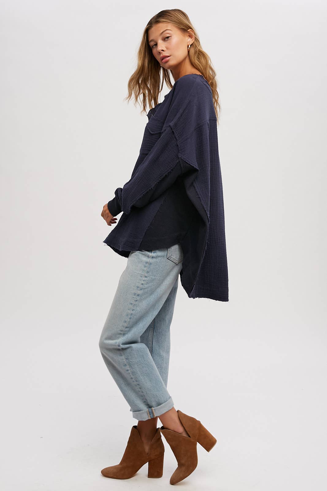 BUTTON UP HENLEY TUNIC: S/M / NAVY