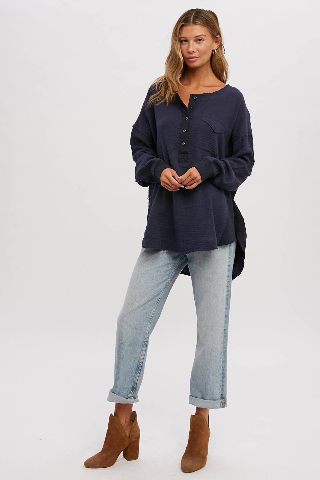 BUTTON UP HENLEY TUNIC: S/M / NAVY