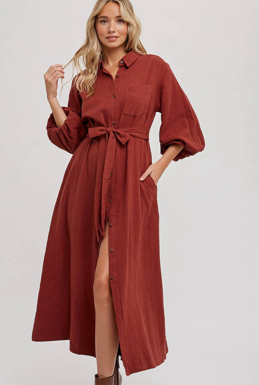 Bubble Sleeve Belted Shirt Dress- Hazelnut