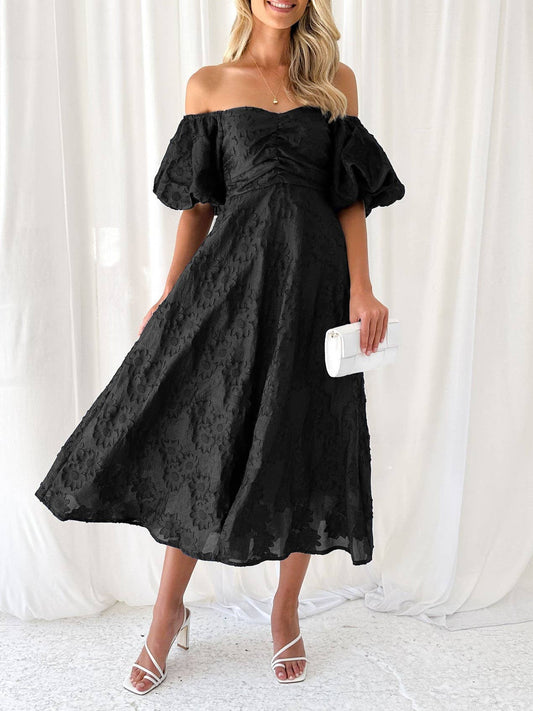 Off the shoulder puff sleeve floral jacquard swing dress: Black