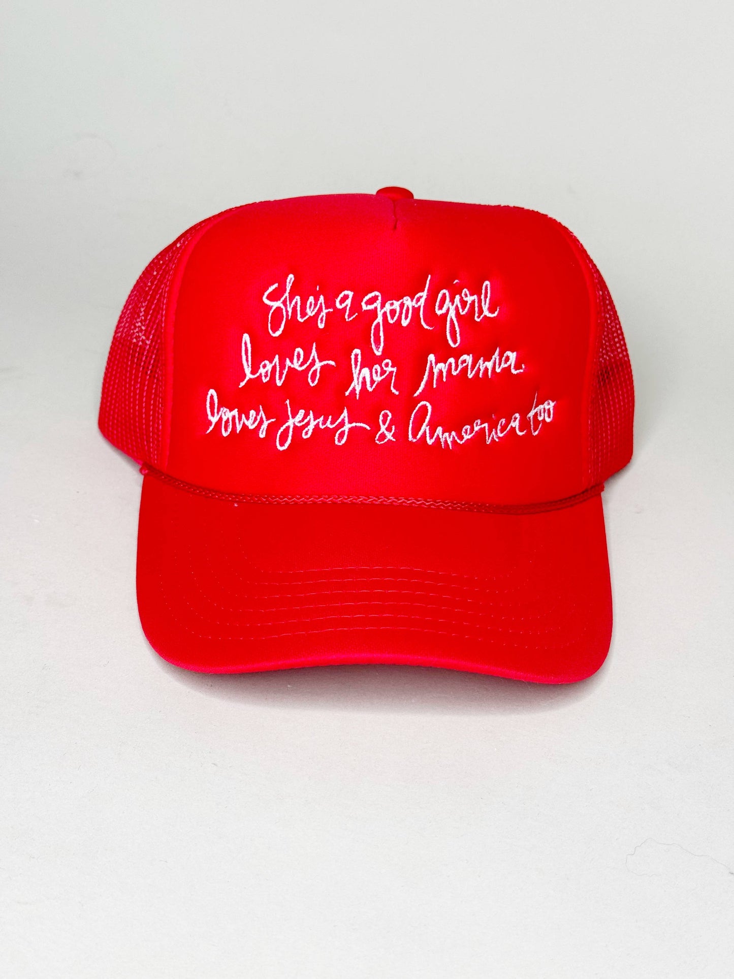 Shes a Good Girl Trucker Hat: Solid Red - White Thread