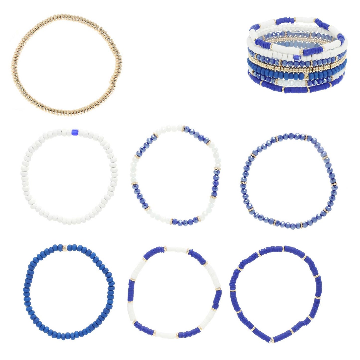 7 Pack Glass Beaded Stretch Bracelet Set: Blue White