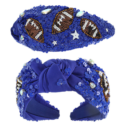 Football Top Knotted Jeweled Beaded Headband : Blue