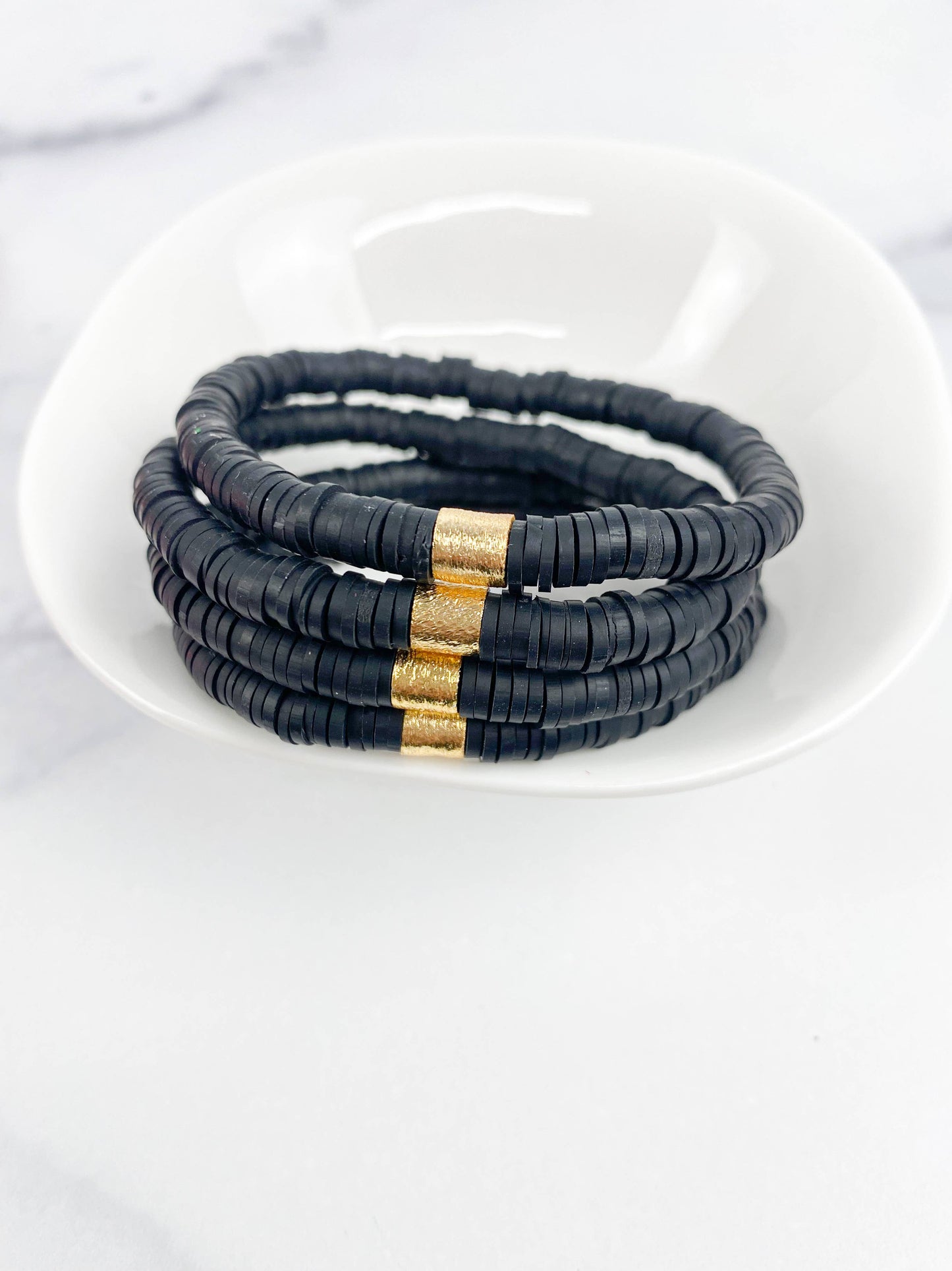 Heishi Small 6mm Color Pop Bracelet "Black": Gold Barrel / 7 Inch