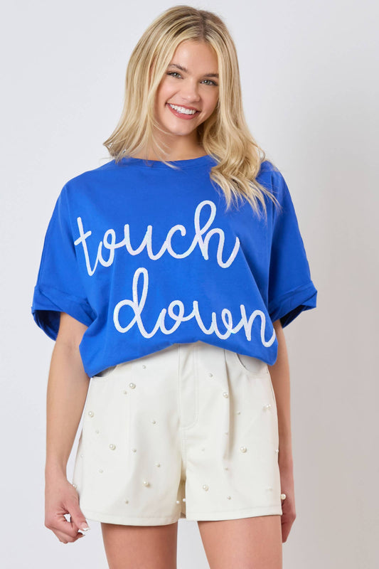 'Touch Down' Sequin Embroidery Oversized Top: BLUE