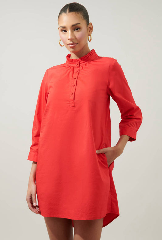 Camden Poplin Collared Shirt Dress- Red