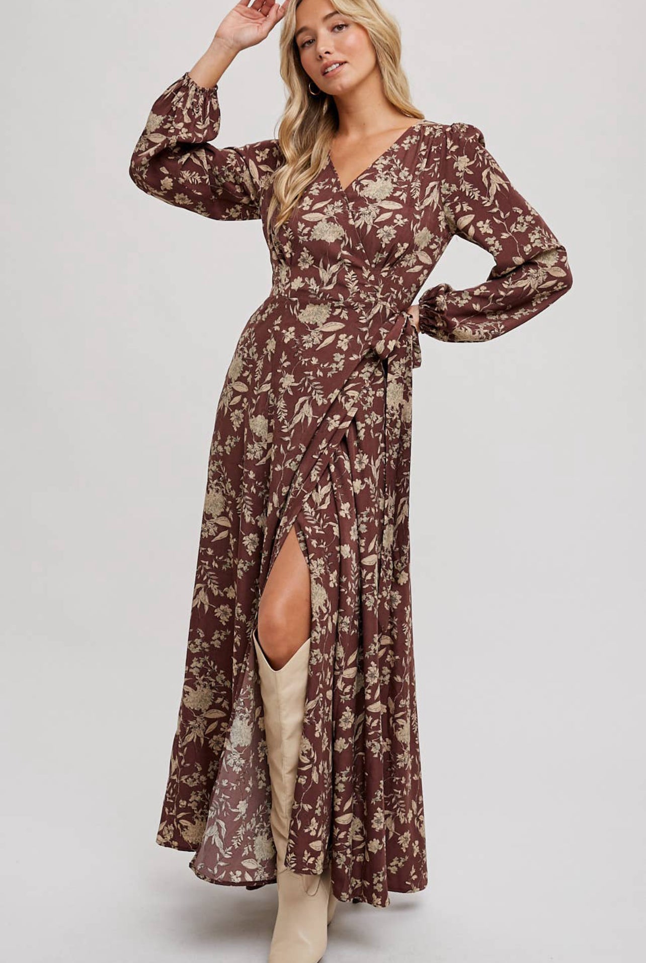 Floral Print Wrap Maxi Dress- Hazelnut