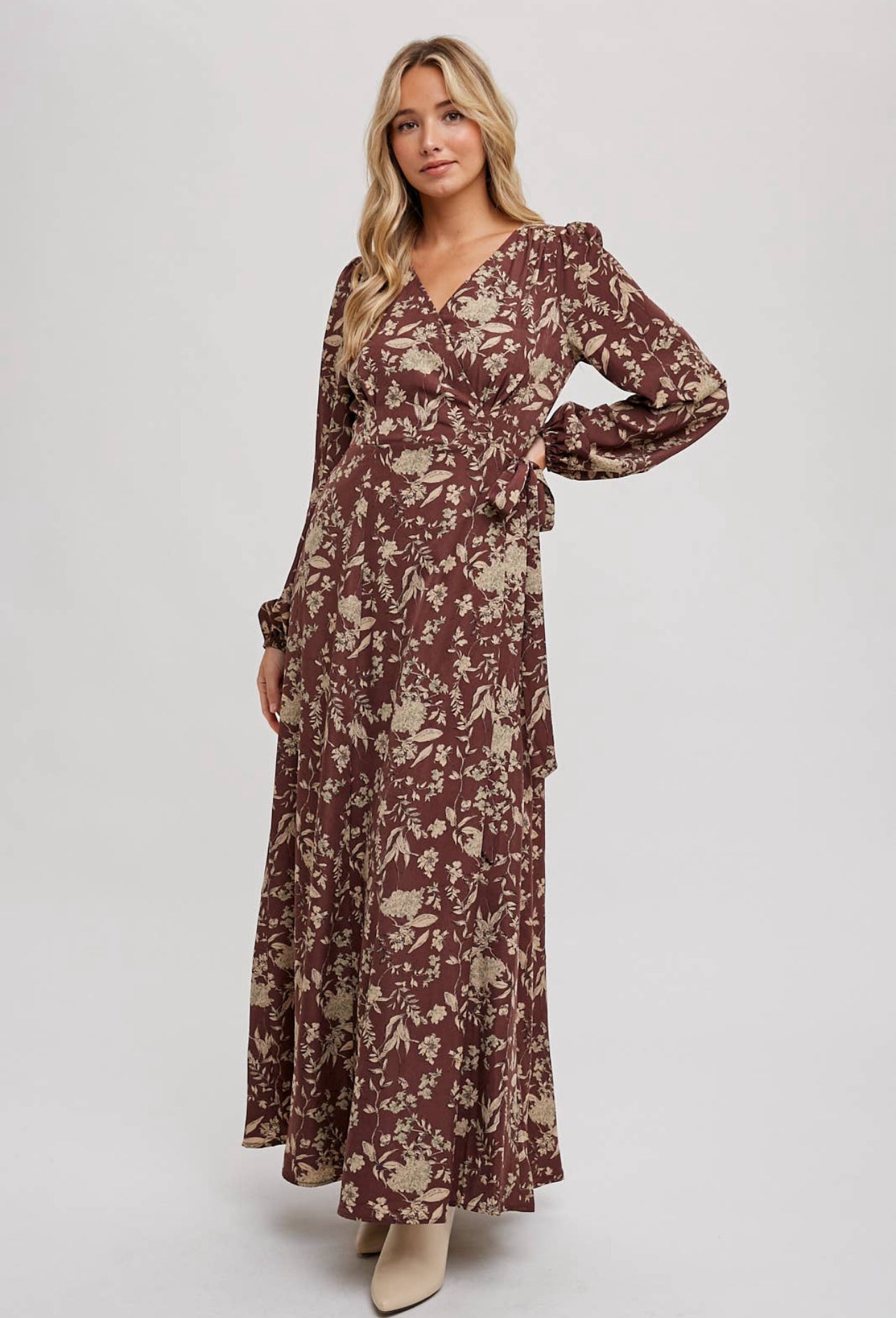 Floral Print Wrap Maxi Dress- Hazelnut