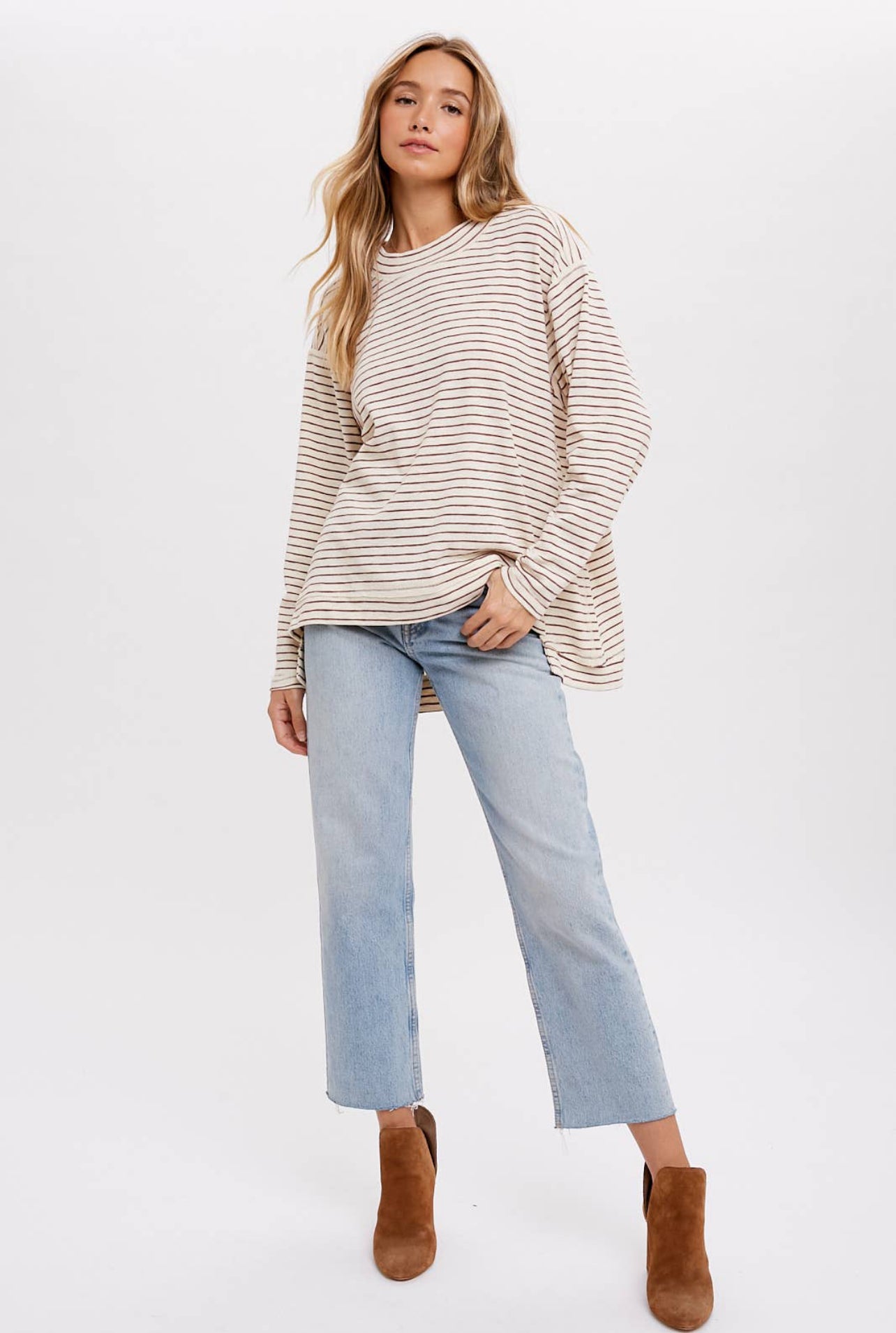 Slouchy Stripe Top- Oatmeal and Maroon