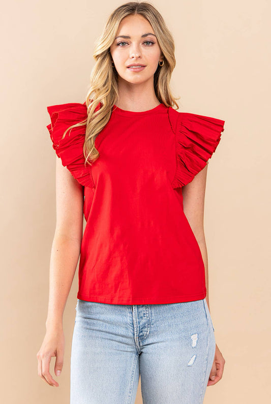 Ruffle Sleeve Tee- Red