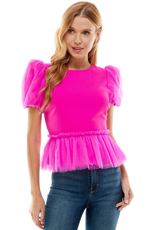 Mesh Ruffle Top- Magenta Pink