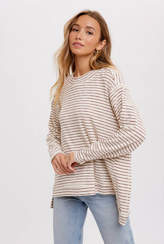 Slouchy Stripe Top- Oatmeal and Maroon