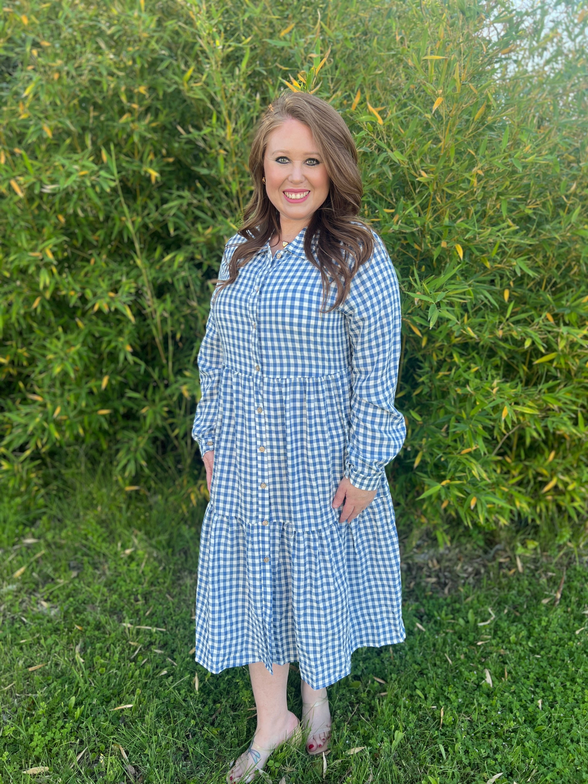 Gingham Midi Dress- Blue and White Vale Mercantile Gingham Midi Dress- Blue and White Vale Mercantile